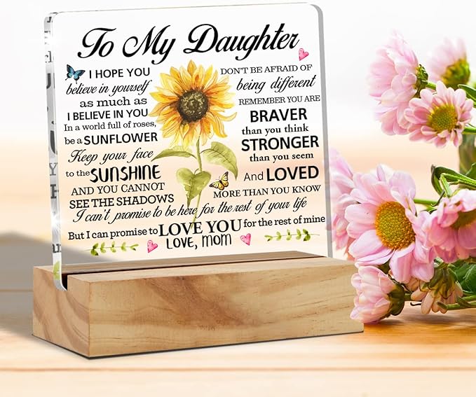 Sunflower Acrylic Desk Plaque Sign with Wood Stand - I Love You Gift for Daughter's Birthday or Christmas
