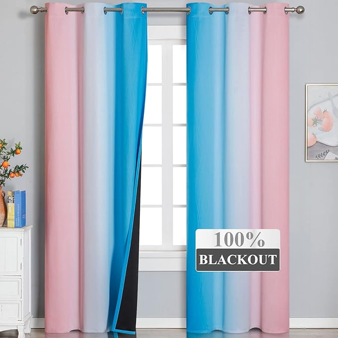 Pink and Blue Blackout Curtains 84 Inches Long, Ombre Grommet Thermal Insulated Blackout Curtains for Bedroom, Gradient Full Room Darkening Drapes for Living Room, 42x84 Inch,2 Panels