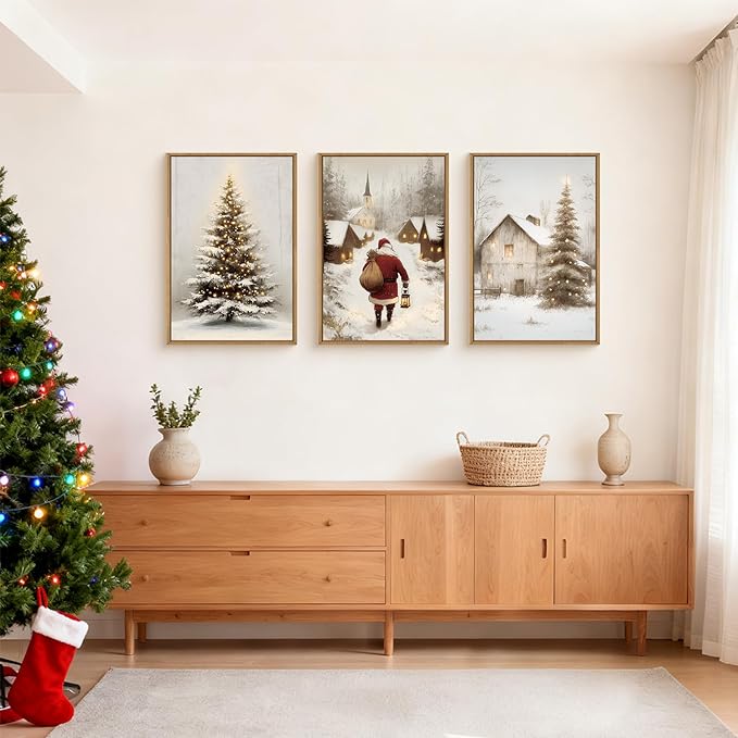 KAIRNE 3 Piece Christmas Wall Art Set, Vintage Rustic Canvas Prints with Santa Claus, Snowy Christmas Tree & Village Scenes, Xmas Eve Decor for Living Room Bedroom Winter Home Decoration 24×36 inch