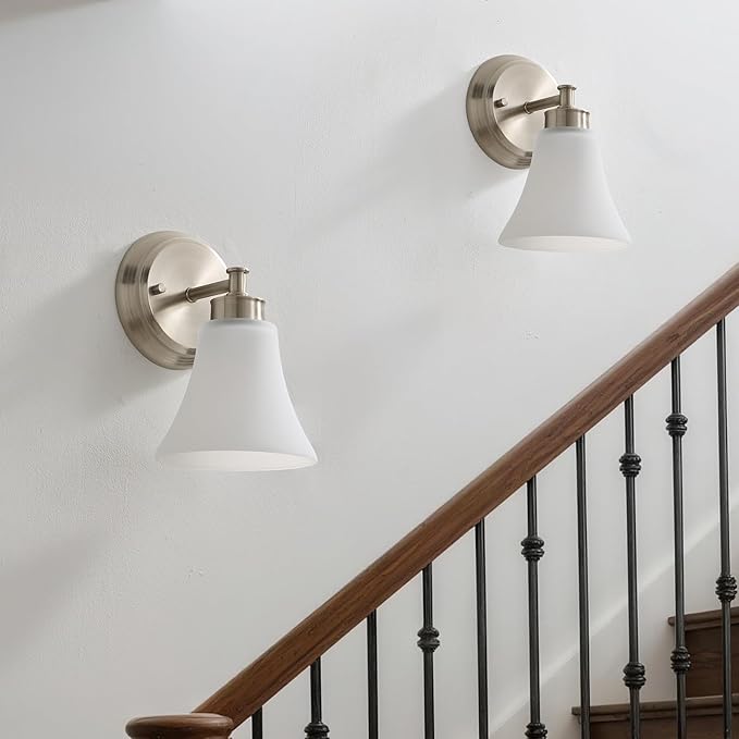 LOUSACE 2 Pack 1-Light Brushed Nickel Bathroom Lighting Fixtures Vintage Bathroom Vanity Lights with Opal White Glass, Set of 2 Single Vanity Wall Sconces for Side Mirror Cabinet Stairs Living Room