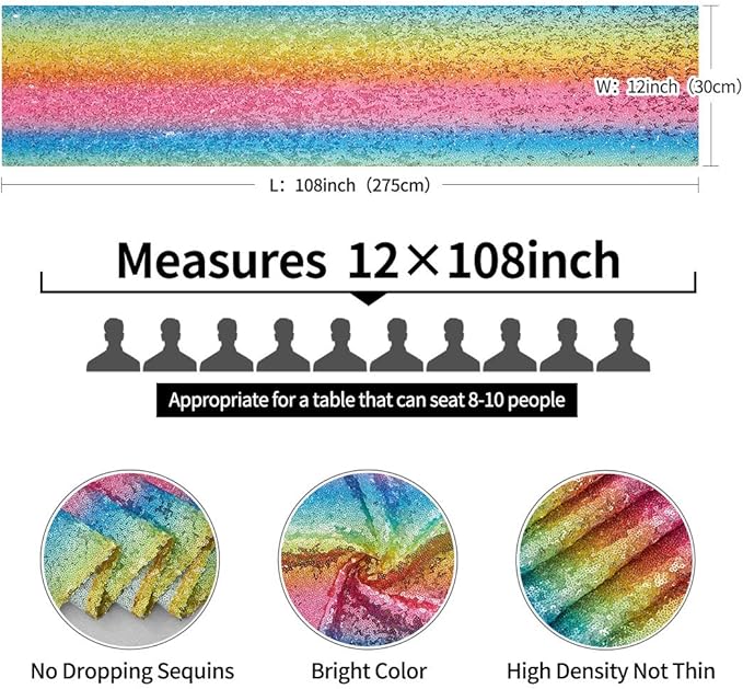 2 Packs 12 x 108 inches Rainbow Sequin Table Runner, Glitter Rainbow Table Runner for Wedding Birthday Bachelorette Holiday Party Supplies Decorations Bridal Shower Baby Shower