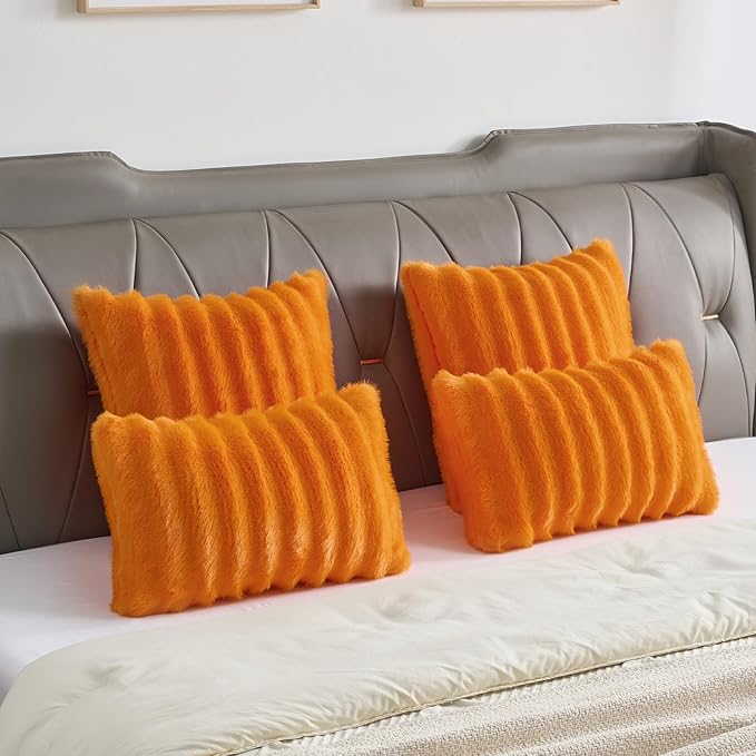 FUTEI Orange Decorative Throw Pillow Covers 20x20 Inch Set of 2,Soft Fluffy Faux Mink Fur Dyeing Striped Textured Cushion Case,Modern Home Decor for Couch Bed Living Room