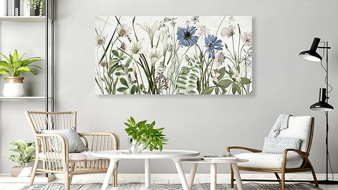 NINEASO Botanical Canvas Wall Art - Wildflower Pictures Floral Wall Decor Nature Prints Green Blue Flower Plants Painting Artwork for Living Room Bedroom Home Office Decorations 29" x 58"