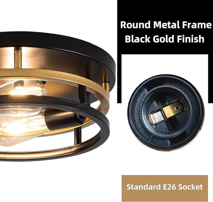 2 Light Industrial Ceiling Light Black Gold Semi Flush Mount Lights Close to Ceiling Light Fixtures,cage design Farmhouse Ceiling Lighting for Kitchen Bedroom Bathroom Foyer Hallway (E26, 2Pack)