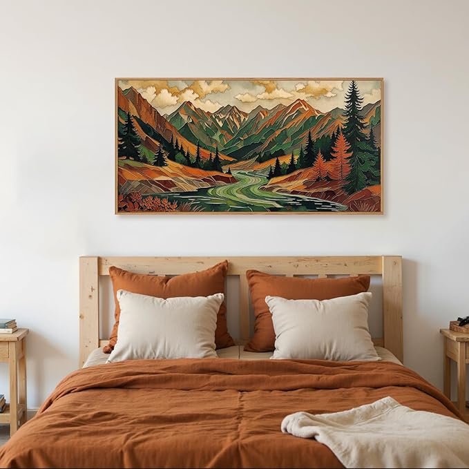 HPINUB Abstract Boho Mountain Framed Canvas Wall Art Set,Vibrant Forest Pine Tree Wall Decor,Textured Landscape Artwork Rustic Linear Scenery Art Print for Living Room,Bedroom,Office-20 x40