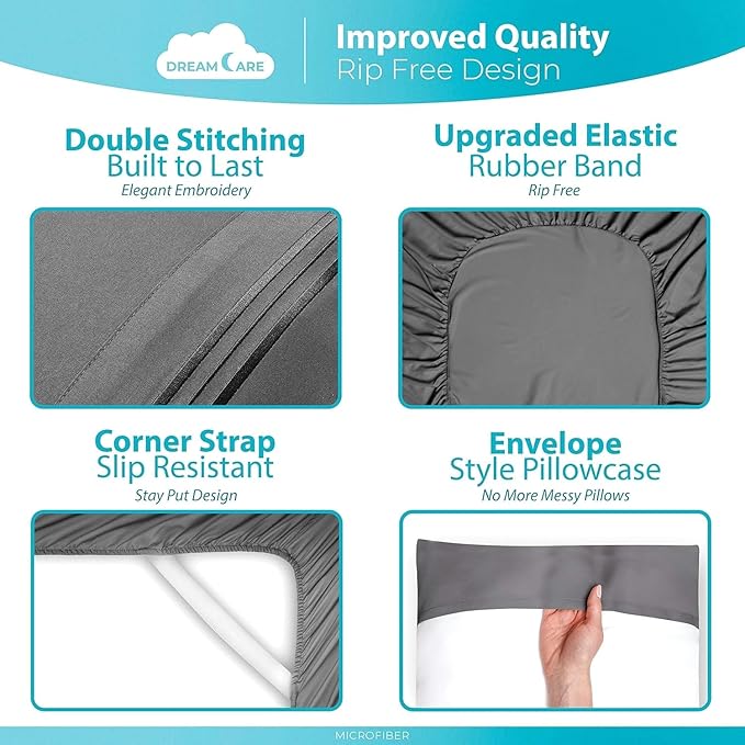 DREAMCARE Queen Sheet Set – 6 pcs Cooling Bed Sheets – up to 15” Deep Sheets Queen Size Bed Set – 2500 Supreme Collection – Extra Soft 100% Brushed Microfiber Hotel Luxury with Side Pocket – Gray