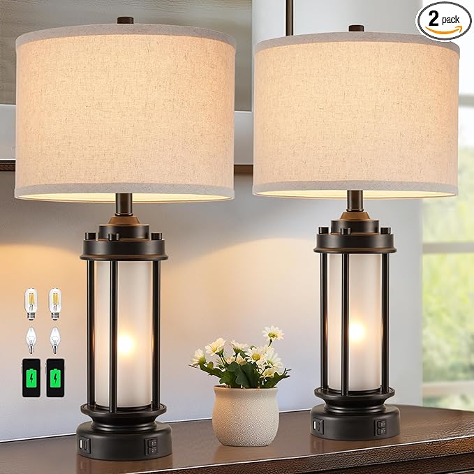Set of 2 Modern Table Lamps for Living Room Bedroom, 25'' Black Retro Industrial Metal Lamp with Glass Nightlight, Contemporary Desk Lamp for Bedside End Table Office, 4 Bulbs Included