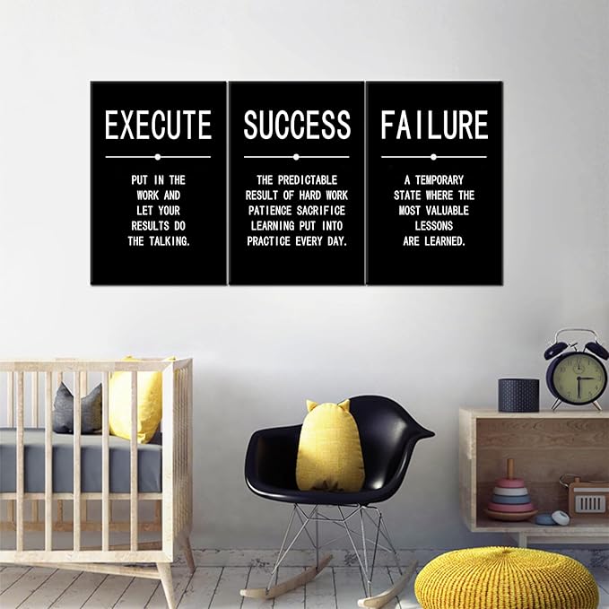 Inspirational Wall Art Success Quote Canvas Painting Positive Motivational Wall Art Execute Failure Definition 3 Pieces Black Poster Framed Artwork Prints Picture for Living Room Office [48''Wx 24''H]