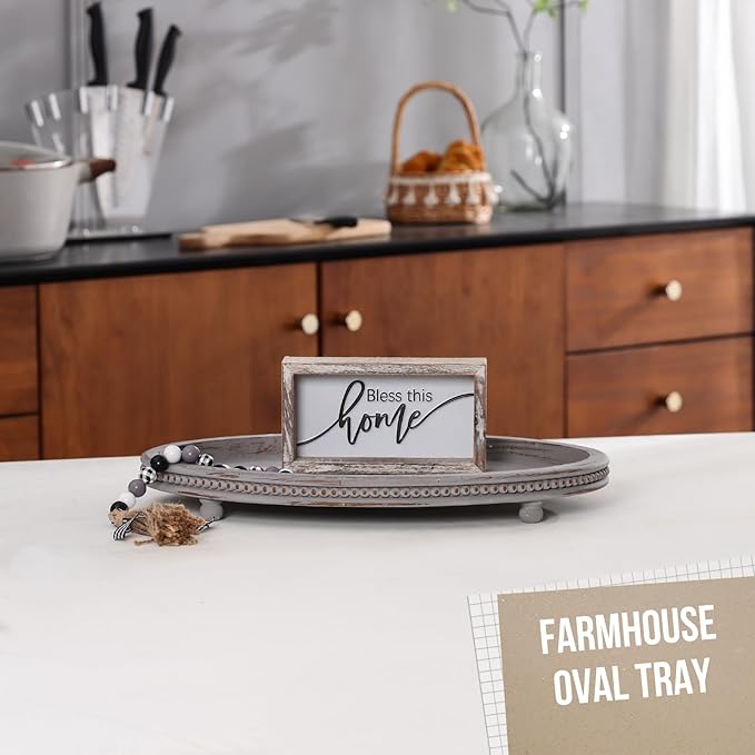 Oval Wooden Tray, Decorative Trays for Home Decor Coffee Table Kitchen Dinning Table, Small Wood Beaded Tray for Decor Grey