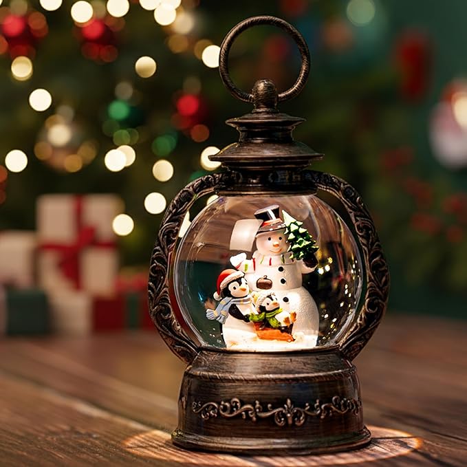 Musical Snow Globe Lantern Lighted Snowman with Penguins Christmas Snow Water Lantern Swirling Glittering Home Decoration and Gift, Battery Operated or USB Powered