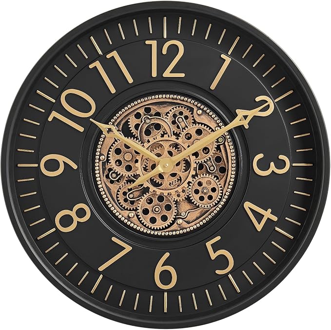 CLXEAST 21 Inch Moving Gear Wall Clock, Large Regular Arabic Numeral Wall Clocks for Living Room Decor,Modern Black& Gold Finish,House Warming Gifts New Home