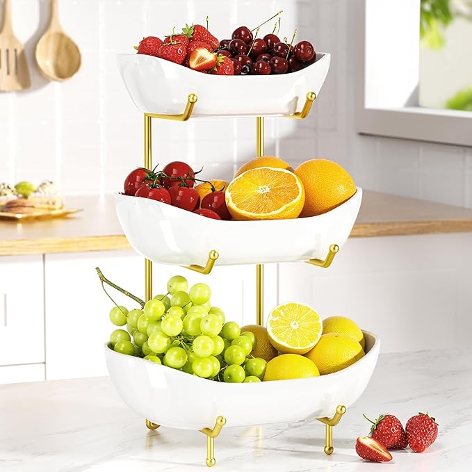 3 Tier Ceramic Fruit Bowl with Metal Stand – Tiered Fruit Stand for Kitchen Countertop, Serving Tray for Snacks, Nuts, Cakes, Desserts, Bread, Candy Storage, Gold