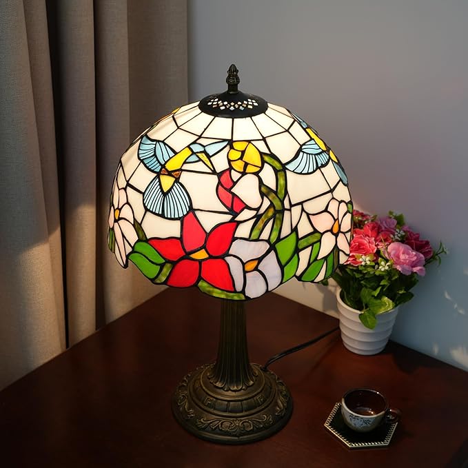 Tiffany Style Stained Glass Table Lamp 12-Inch Blue Hummingbird Reading Bedside Lamp Suitable for Study Living Room Bedroom Coffee Shop Retro Table Lamp Home Decoration Art