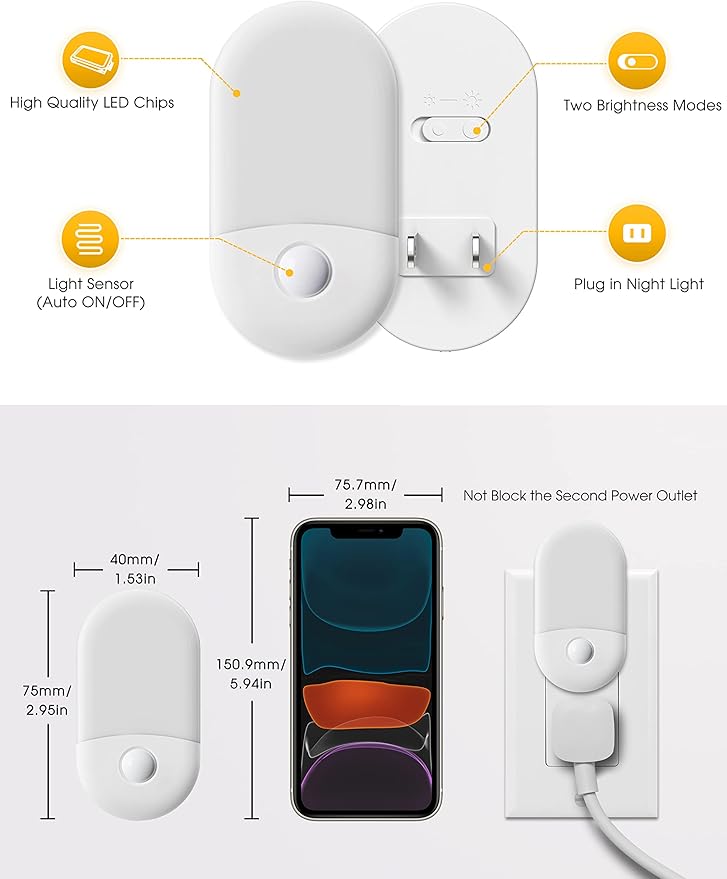 Amber Night Light, LOHAS Night Lights Plug into Wall[2 Pack], 0.6W 2000K LED Night Light, Dusk to Dawn Sensor, 30/60LM Adjustable Brightness, Automatic Low Blue Nightlight for Kid, Bathroom, Hallway
