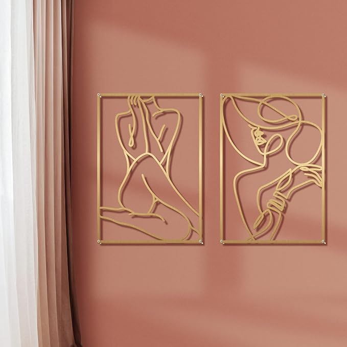 Glamativity 4 Pack Minimalist Wall Art, Real Metal Abstract Wall Art (Woman's Body Shape, Gold Elegant Style, M Size 17 x 11.8'')