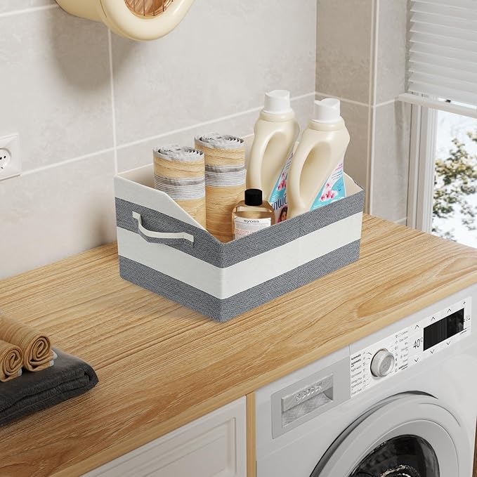 Linen Closet Organizers and Storage, Trapezoid Fabric Bins, Home Office Organization Baskets Striped Collapsible Box with Handles for Clothes, Blanket, Books, DVD, 4 Pack, Black/White