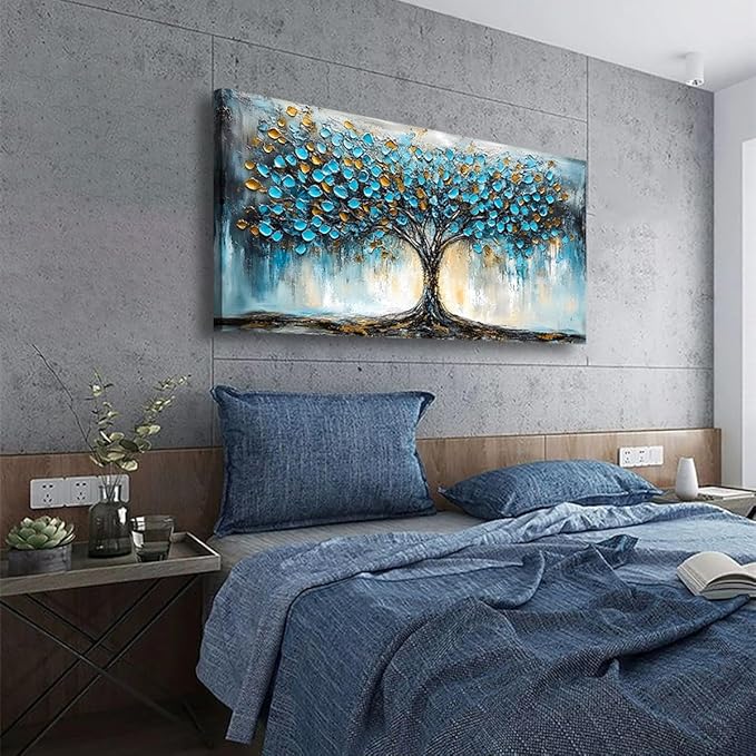 Blue Tree Pictures Canvas Wall Art for Living room Office Bedroom Wall Decor,Abstract Wall Art Print Modern Noble Blue Tree Oil Painting Artwork Waterproof Ready to Hang-20x40inch