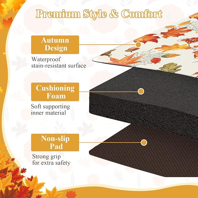 SHACOS Fall Anti Fatigue Kitchen Mats 2 Pcs Orange Maple Leaves Acorn Nuts Autumn Non Slip Cushioned Floor Mat for Kitchen Ergonomic Standing Mats Home Decor, 17x27.5+17x47, Maple & Acorn