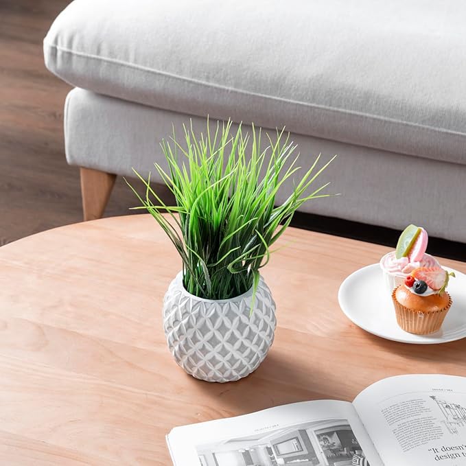 MyGift Artificial Green Grass Plant in Modern Round Gray Concrete Pot with Embossed Diamond Pattern, Tabletop Faux Greenery Decor Potted in Decorative Planter