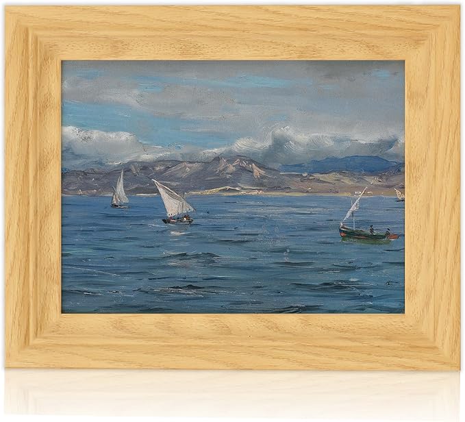 Brivoria Framed Canvas Wall Art Vintage Decor, Coastal Impressionist Seascape with Sailing Boats Ocean Reflections and Cloudy Sky for Kitchen Bathroom Shelf Display or Tabletop Decor, 8"x10"