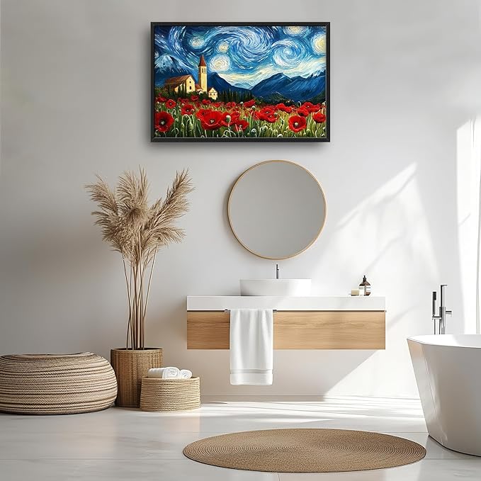 Starry Night Framed Wall Art for Living Room, Large Poppies Canvas Wall Decor, Vintage Red Flowers Pictures Painting, Modern Landscape Artwork for Bathroom Bedroom 36L'' × 24W''