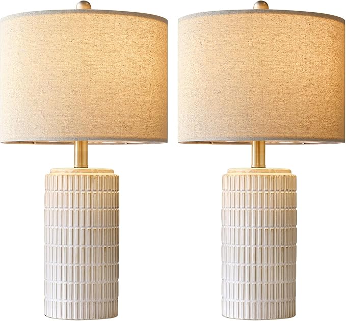 PoKat 24" Modern Ceramic Table Lamps Set of 2 for Bedroom, White Bedside Lamps for Night Stands, Farmhouse Desk Decor Nightstand Table Lamps for Living Room End Table Beige