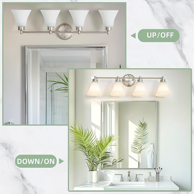 LOUSACE 4 Light Bathroom Vanity Light Brushed Nickel Bathroom Lighting Fixtures Over Mirror with Opal White Frosted Glass, Vintage Traditional Wall Lighting Fixture Satin Nickel Vanity Lights