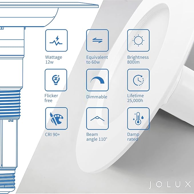 Jolux 4-Pack 5/6" Retrofit LED Recessed Lighting,60W,3000K WarmWhite,800 Lumens,Dimmable Can Lights,Damp Rated,Simple Installation Adjustable Retrofit Downlight,ETL,E26 Base,Bevel Trim