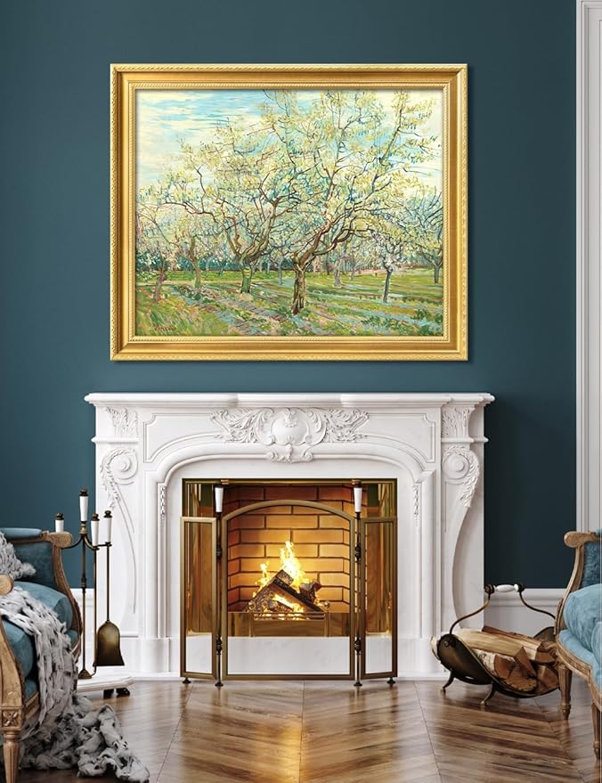DECORARTS - Vincent van Gogh's The White Orchard. Museum-Quality Giclee Print on Cotton Canvas, Gold Solid Wood Frame, Framed Size: 34.75x28.75 in, Made in USA
