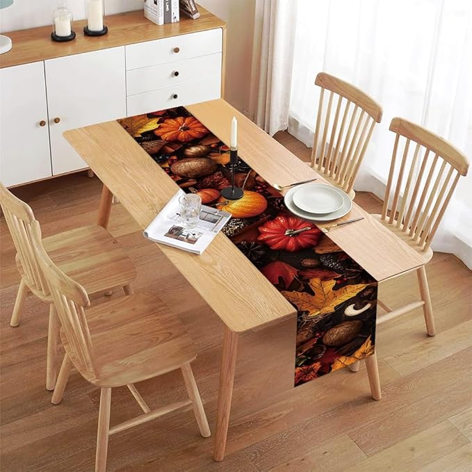 ANNA QUEEN Pumpkin Maple Leaf Fall Table Runner 13 x 72 Inch for Dining Table, Table Runner for Seasonal Autumn Kitchen Dining Table Decoration for Home Party Decor