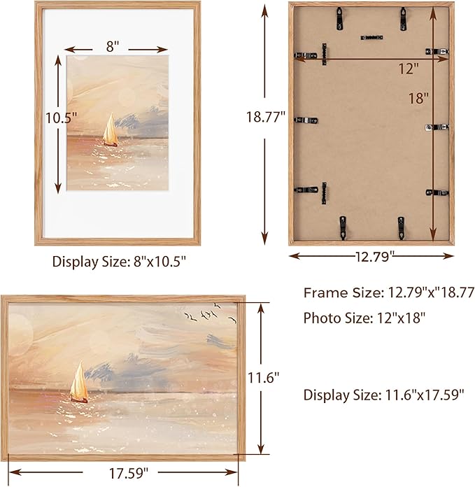 Fun Memories Solid Oak Wood Picture Frame 12"x18" for Wall - Tempered Real Glass, Matted to 8.5x11, Poster Frame (Natural Oak Color, 1 Pack)