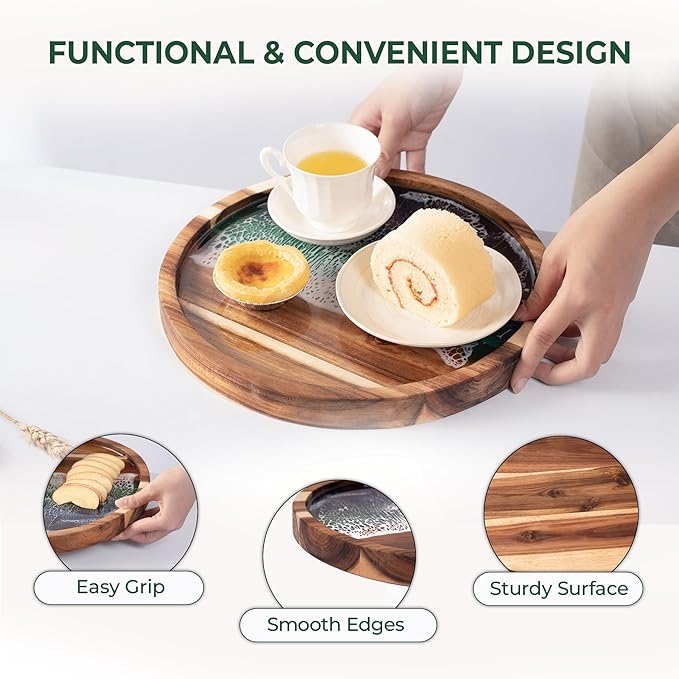 Acacia Wood Round Serving Tray with Epoxy Resin Art, 11.8”x11.8”, Includes Stand & Loofah, Handcrafted Ocean Wave Design, Perfect for Charcuterie, Serving Platters & Appetizers