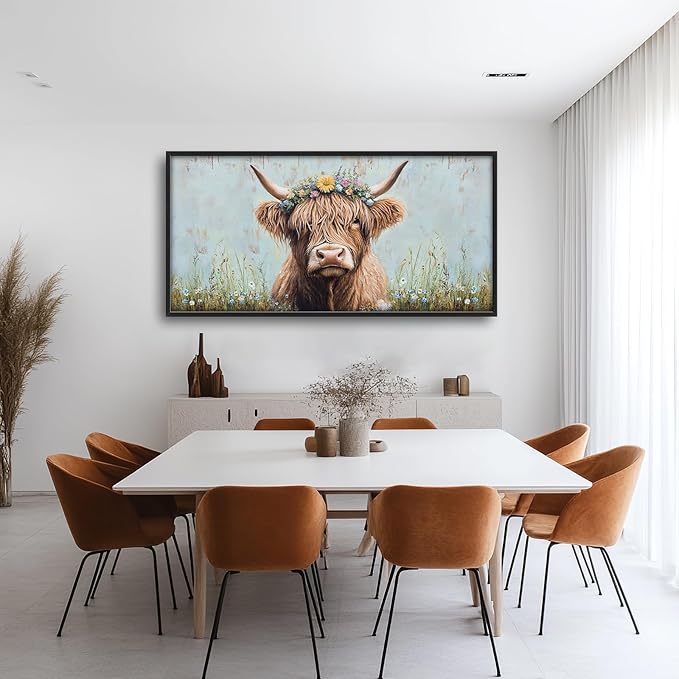 Highland Cow Framed Wall Art for Living Room, Large Cow Canvas Wall Decor, Animal Pictures Painting, Modern Artwork for Bathroom Bedroom Office 60L'' × 30W''