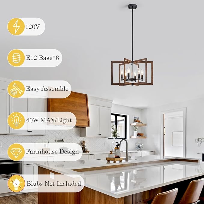 Modern Farmhouse Chandelier 20'' Black and Wood Grain 6-Light Pendant Lighting Fixture for Dining Living Room Kitchen Entryway, Geometric Metal Vintage Adjustable Hanging Chandelier Lamp