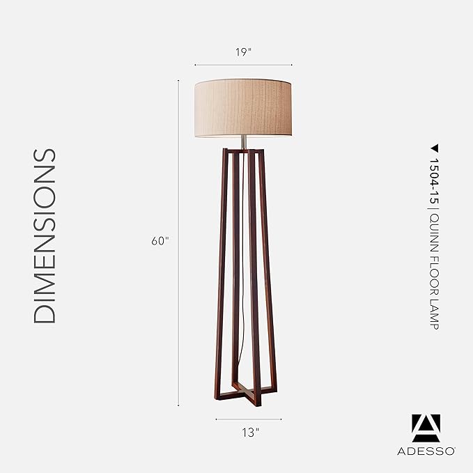 Adesso Floor Lamp with Walnut Birch Wood & Natural Linen Lampshade - 3-Way Adjustable Brightness, Lamp for Bedroom, Living Room, and House Décor, 60” x 19”