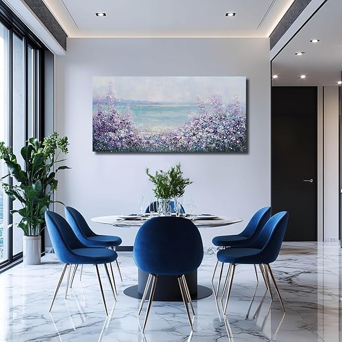 Flowers Framed Canvas Wall Decor Purple and White Painting Ocean Wall Art for Office Contemporary Art Poster for Bedroom Decor 24x48 Inch