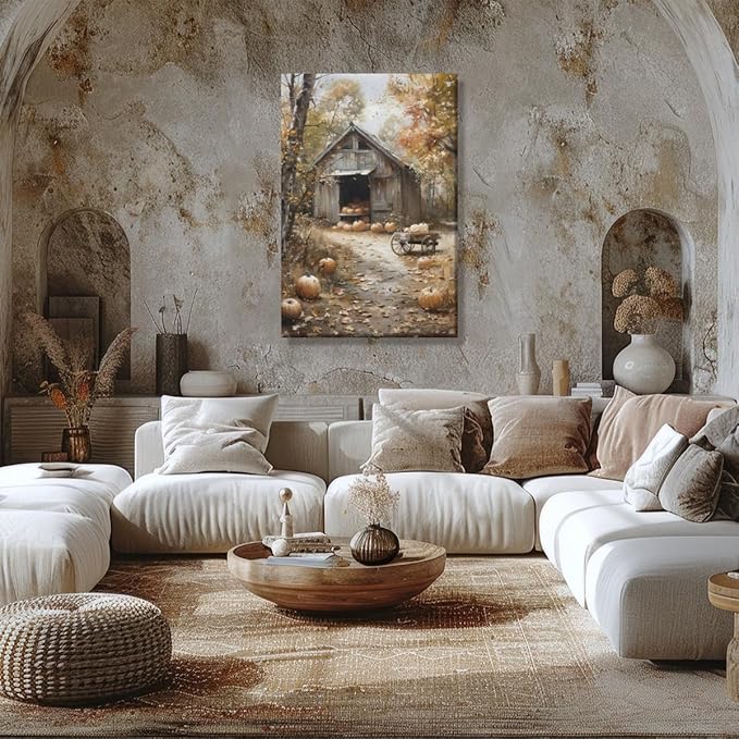 Fall Canvas Wall Art Farmhouse Pumpkin Barn Posters Retro Countryside Fall Pictures Prints Farmhouse Wall Decor for Home Living Room 12x18inch Framed