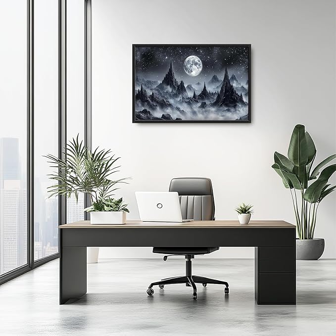 Olivine Mountain Large Wall Art, Moon Pictures Wall Decor, Nature Landscape Paintings, Night Mountains Canvas Prints, Framed Artwork for Dining Room Bedroom Living Room Office Bathroom Home 36"x24"