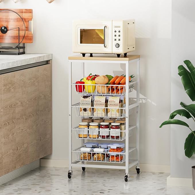 Snack Cart, 5-Tier Kitchen Carts on Wheels with Storage,Fruit Basket Stand with Pull-Out Baskets and Wood Top,Kitchen Organizer for Fruit Vegetable Snack (Oak Beige)