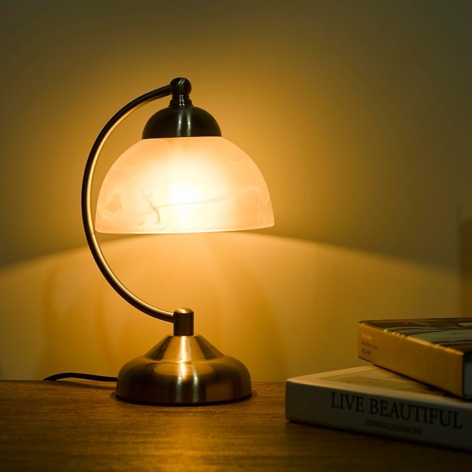 Small Modern Touch Glass Bedside Table Lamp, 7 x 7 x 10 Inch Brushed Nickel Metalwork Base Table Lamp for Bedrooms and Office (White Frosted Glass Shade)