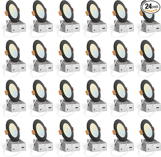 Amico 24 Pack 4 Inch Black 5CCT Ultra-Thin LED Recessed Ceiling Light with J-Box, 2700K/3000K/3500K/4000K/5000K Selectable, 10W Eqv 70W, Dimmable Canless Downlight, 800LM High Brightness, ETL, FCC