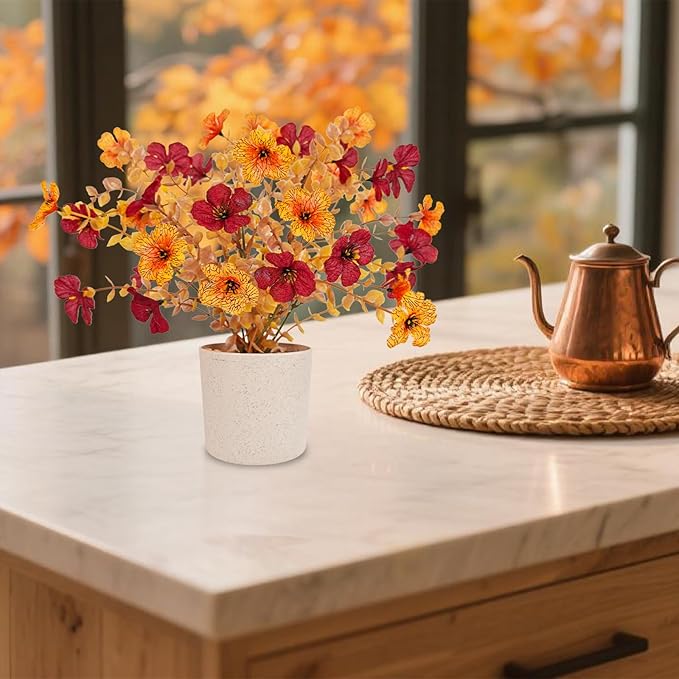 Fake Potted Plants 8pcs, Artificial Fall Flowers with Vase, Autumn Harvest Decoration for Home Indoor Outdoor, Table Plants Farmhouse Decor for Kitchen, Bedroom, Living Room, Bathroom