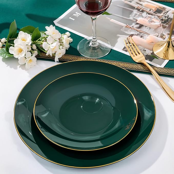 Nervure 100Pcs Green and Gold Plastic Plates - 10.25inch Disposable Green Dinner Plates - Heavy Duty Plastic Plate Ideal for Wedding & Party & Christmas