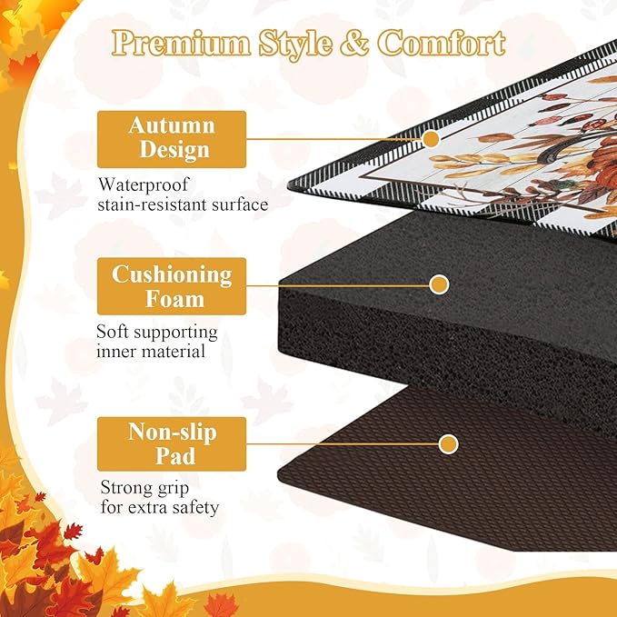 SHACOS Fall Anti Fatigue Kitchen Mats 2 Pcs Pumpkins Gnome Maple Leaves Black and White Checkered Rug Autumn Non Slip Cushioned Floor Mat for Kitchen Decor, 17x27.5+17x47, Pumpkins Black Plaid