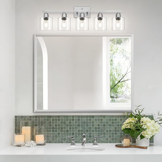 Bathroom Light Fixtures Brushed Nickel, 5 Light Bathroom Vanity Light Over Mirror, Vanity Lights with Clear Glass, E26 Socket