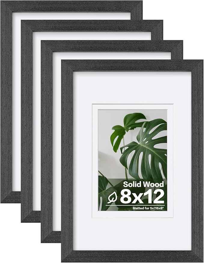 Egofine 8x12 Picture Frames Set of 4, Made of Solid Wood Covered by Plexiglass 5x7 and 6x8 with Mat or 8x12 without Mat, for Table Top Display and Wall Mounting Photo Frame Rustic Black