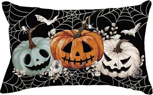 Baccessor Halloween Pillow Cover 12x20 Inch, Black Pumpkins Bats Spider Web Lumbar Pillow Case Halloween Decor for Cushion Sofa Couch Indoor Outdoor Decoration 1 Piece