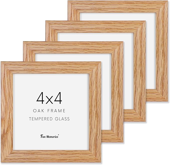 4x4 Picture Frames, 4 x 4 Photo Frames with Stand, Solid Oak Wood 4 by 4 Frame, 4x4 Picture Frame for Wall, Rustic Wood Frame 4"x4" with Real Glass, 4 by 4 Frames Set of 4, Natural Oak Color