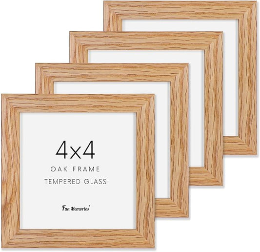 4x4 Picture Frames, 4 x 4 Photo Frames with Stand, Solid Oak Wood 4 by 4 Frame, 4x4 Picture Frame for Wall, Rustic Wood Frame 4"x4" with Real Glass, 4 by 4 Frames Set of 4, Natural Oak Color