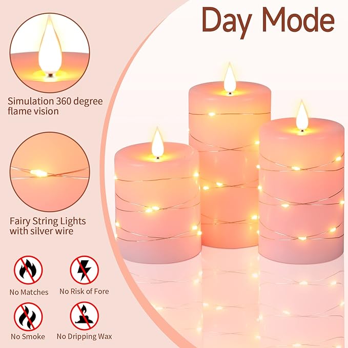 Da by Flameless Candles with String Lights，Battery Operated Candles,LED Flickering Candles with Remote Control and Timer, Real Wax, 3 Pack-Pink